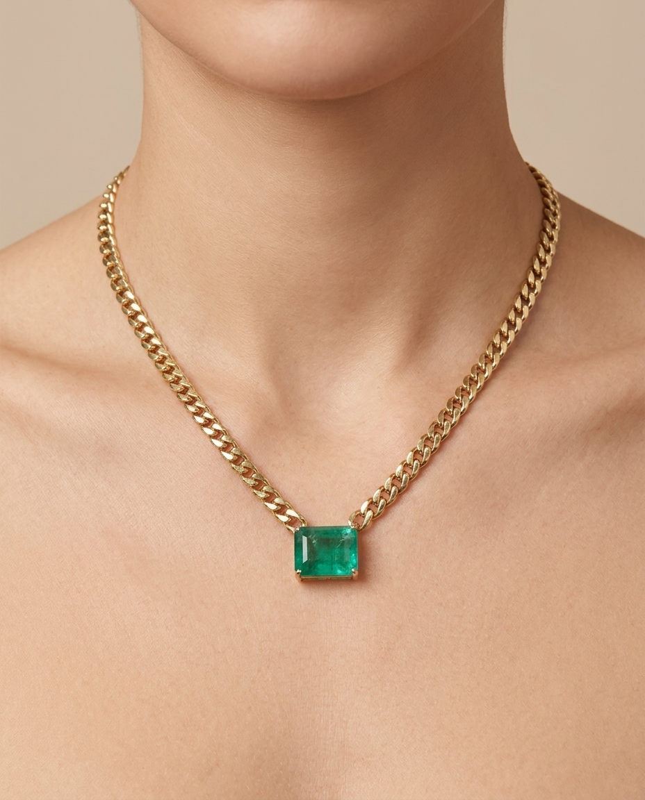 14KT Yellow Gold Emerald Necklace on model