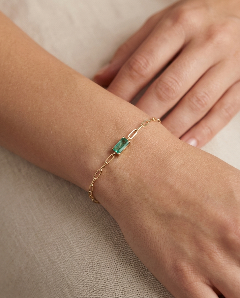 14KT Yellow Gold Emerald Bracelet on model