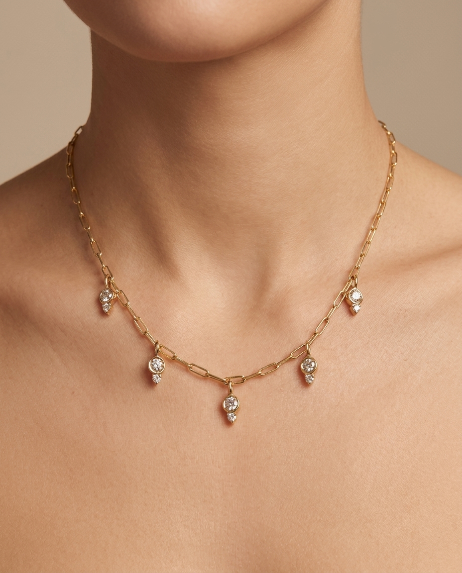 14KT Yellow Gold Diamond Necklace on model
