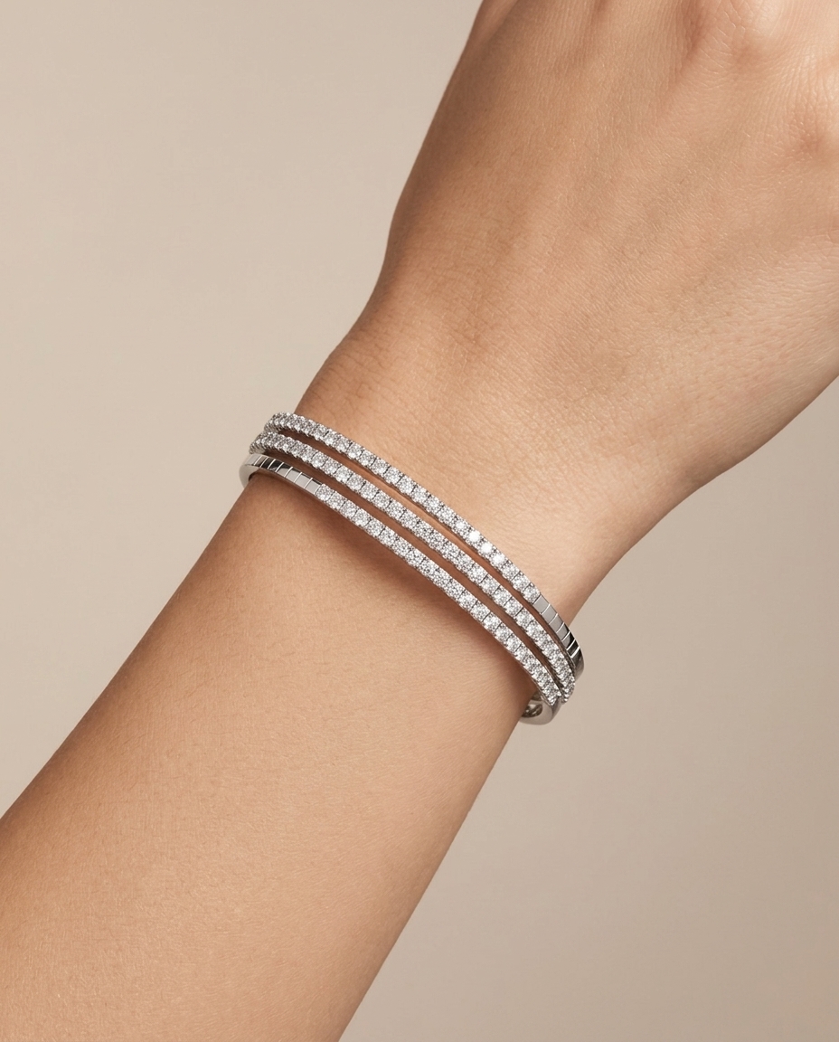 14KT Italian White Gold Diamond Flexible Bangle on model