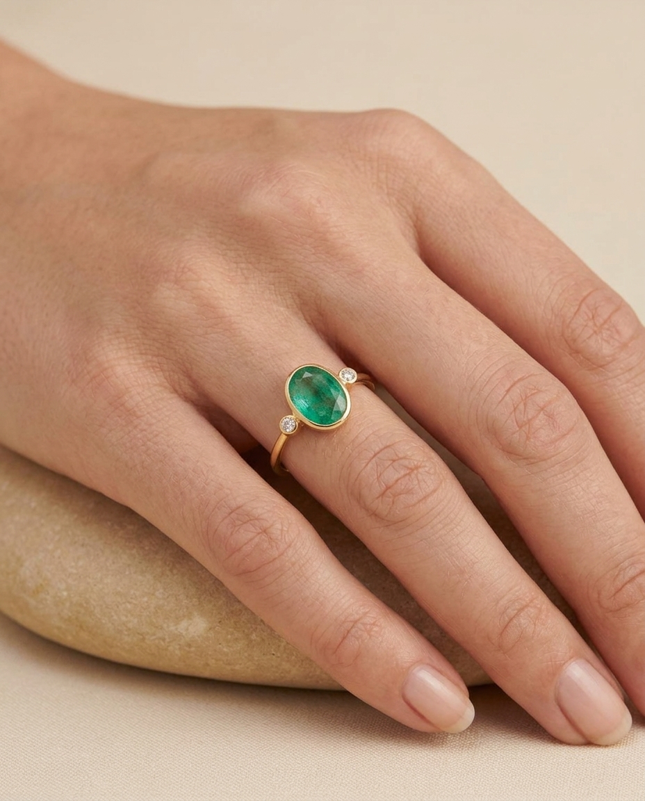 14 KT Diamond and Emerald Oval Shape Ring on model