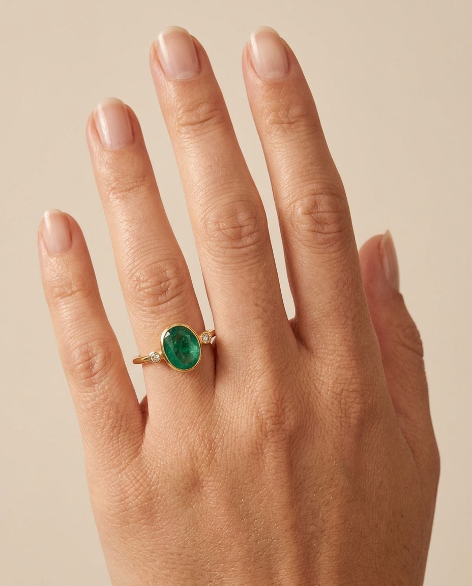 14 KT Diamond and Emerald Oval Shape Ring on model