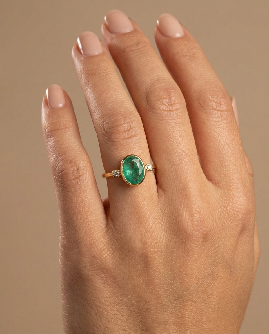 14 KT Diamond and Emerald Oval Shape Ring on model