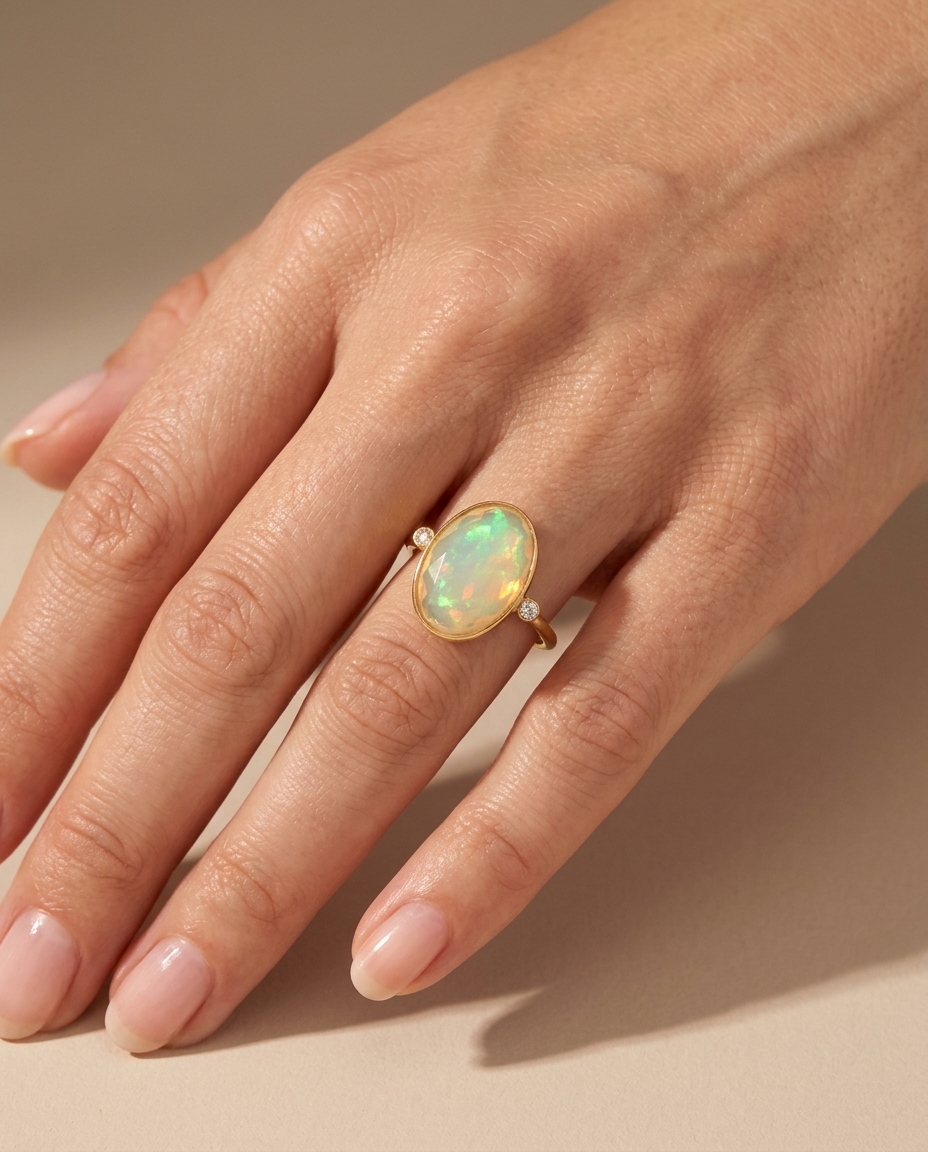 18KT Gold Opal and Diamond Ring on model