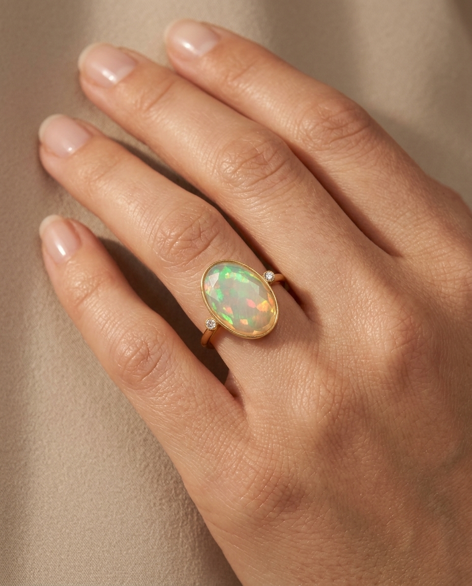18KT Gold Opal and Diamond Ring on model