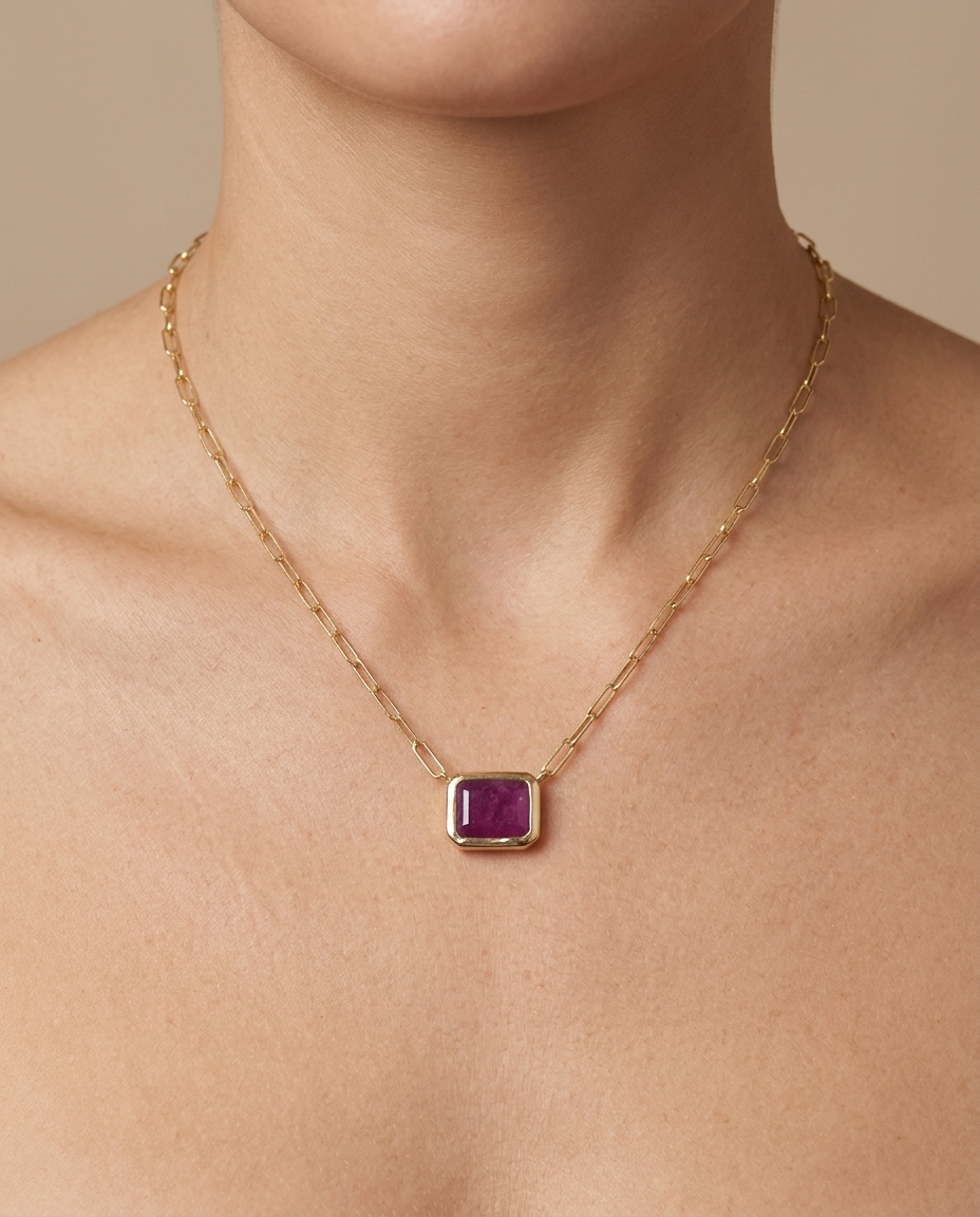 14KT Yellow Gold Ruby Necklace on model