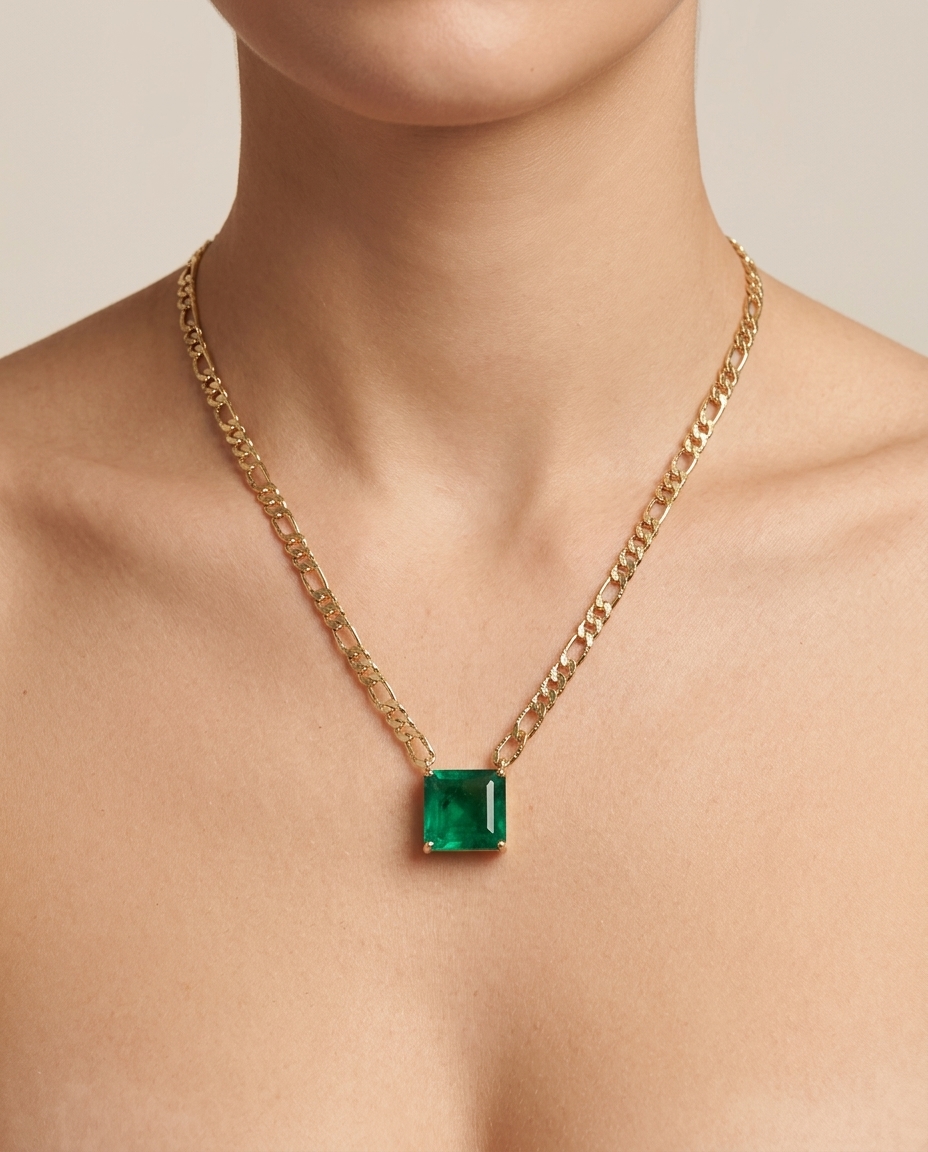 14KT Yellow Gold Emerald Necklace on model