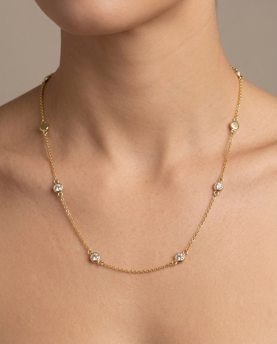 14KT Gold Diamond Station Necklace 1.00 Cts on model