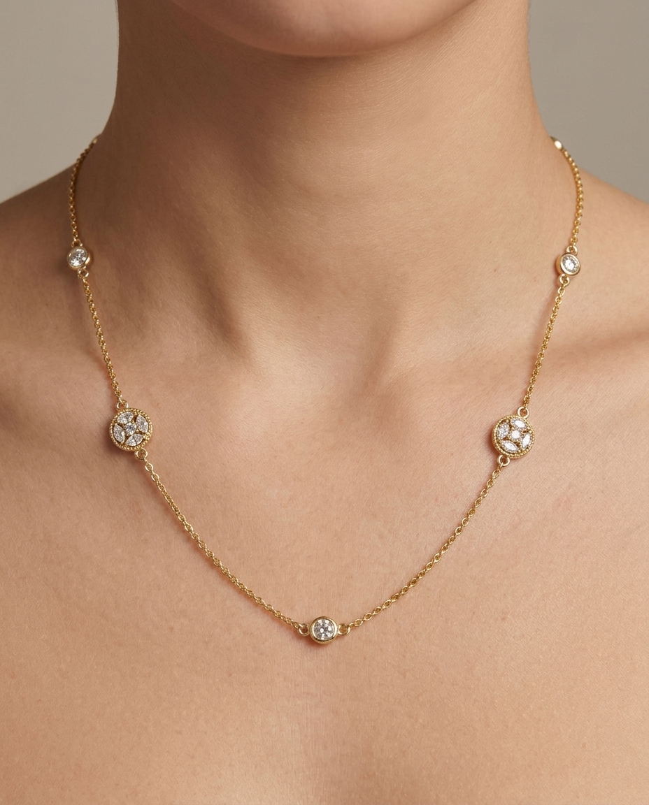 14KT Gold Diamond Station Necklace 1.00 Cts on model