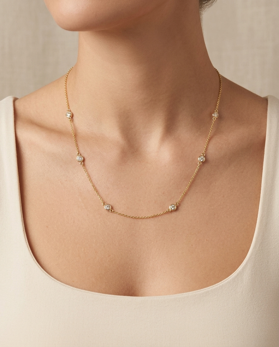14KT Gold Diamond Station Necklace 1.00 Cts on model