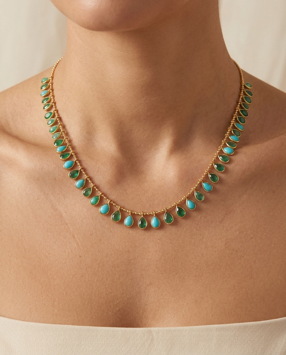 14KT Yellow Gold Emerald Pear Shape Dangling Necklace on model
