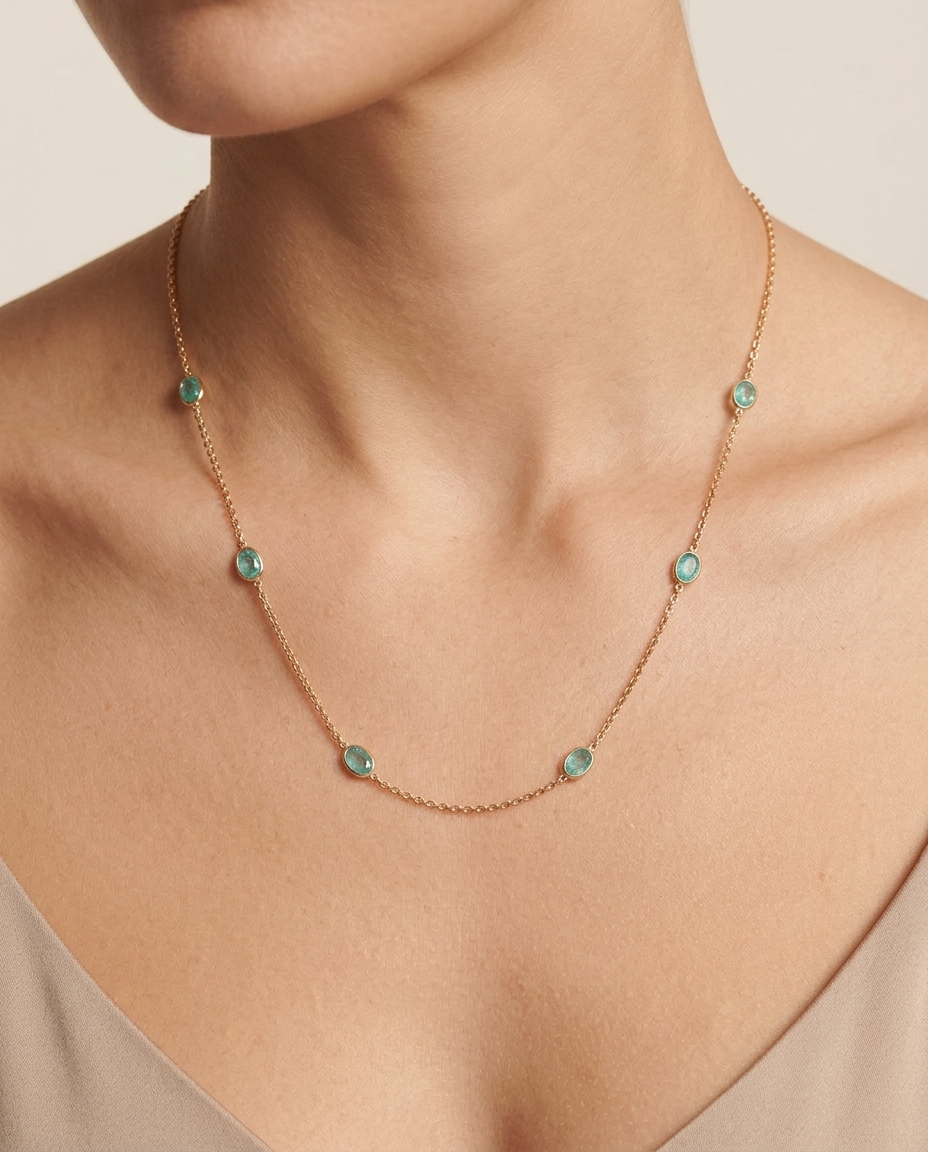 18KT Yellow Gold Gold Bezeled Emerald Station Necklace on model