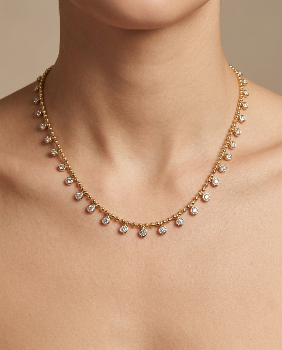 14KT Yellow Gold Diamond Dangling Necklace on model