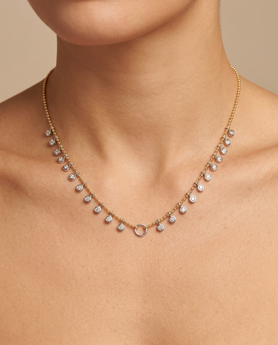 14KT White Gold Diamond Dangling Necklace on model