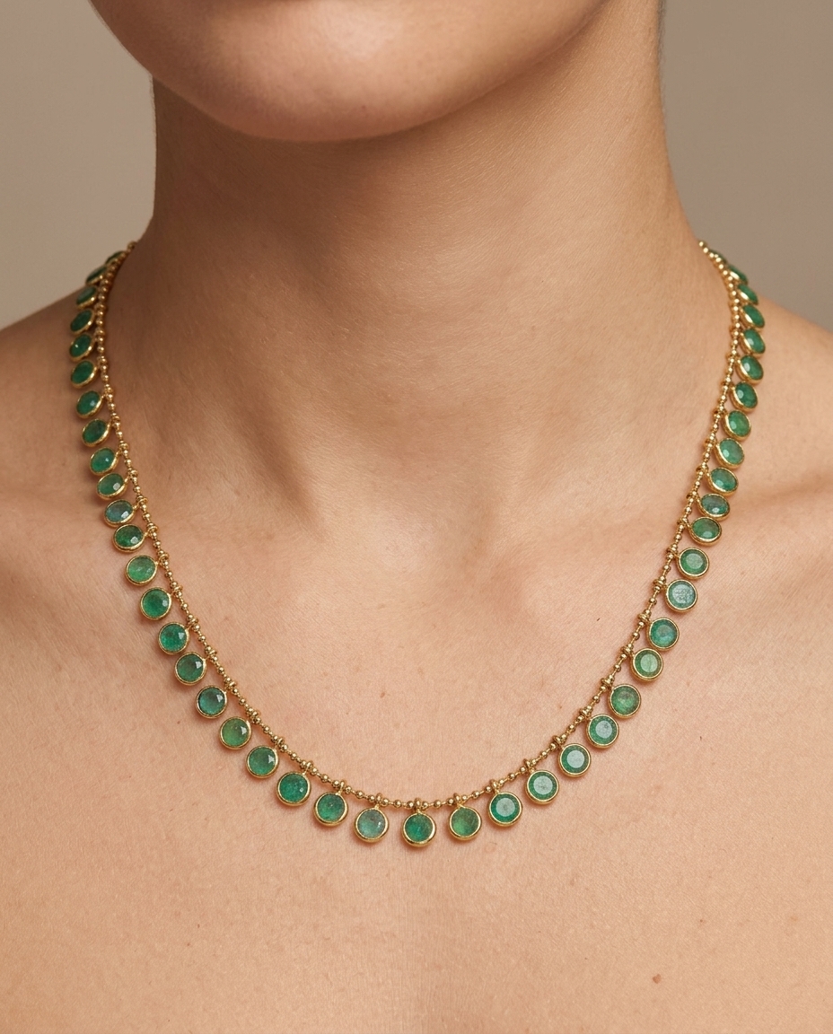14KT Yellow Gold Emerald Round Shape Dangling Necklace on model