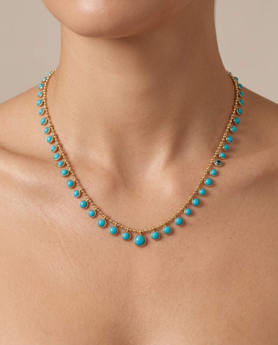 14KT Yellow Gold Turquoise Dangling Necklace on model