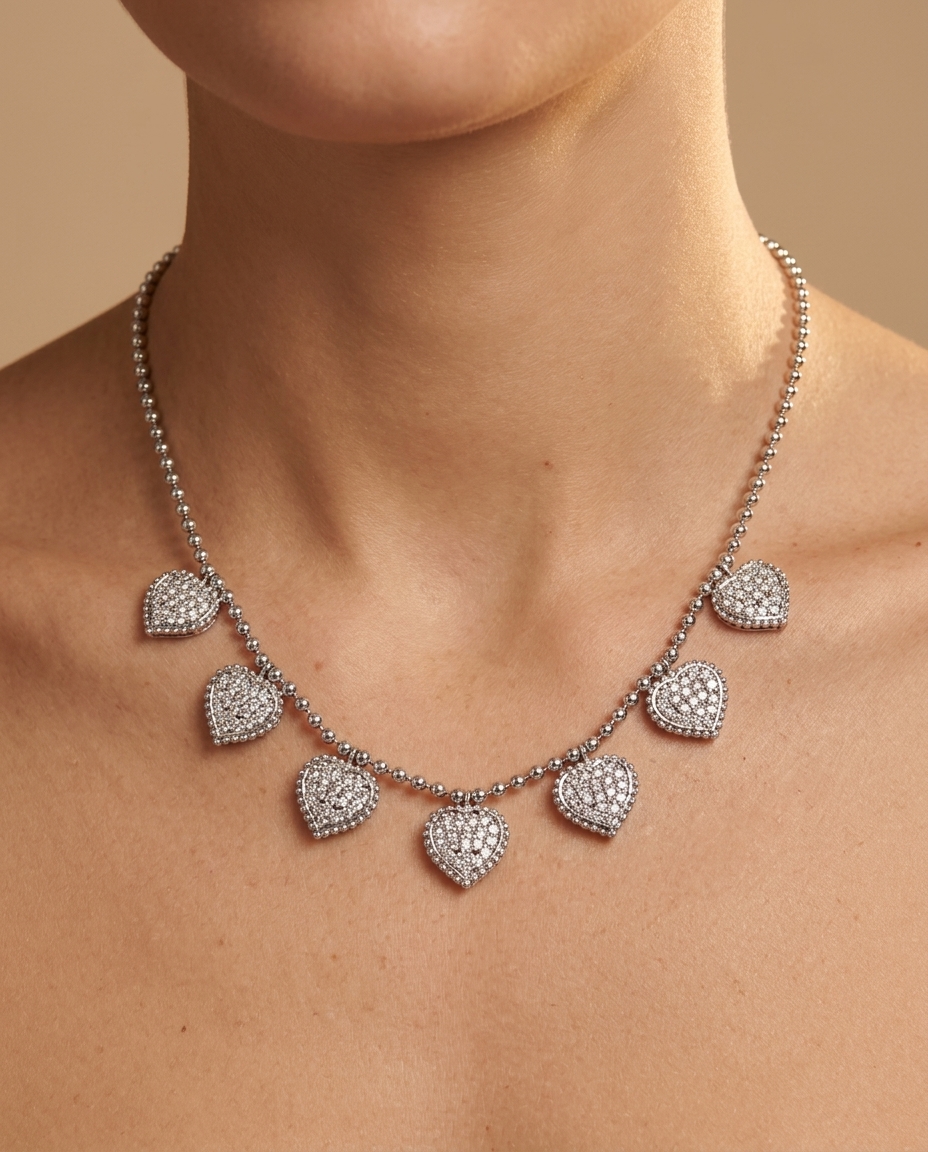 14KT White Gold Diamond Heart Dangling Necklace on model