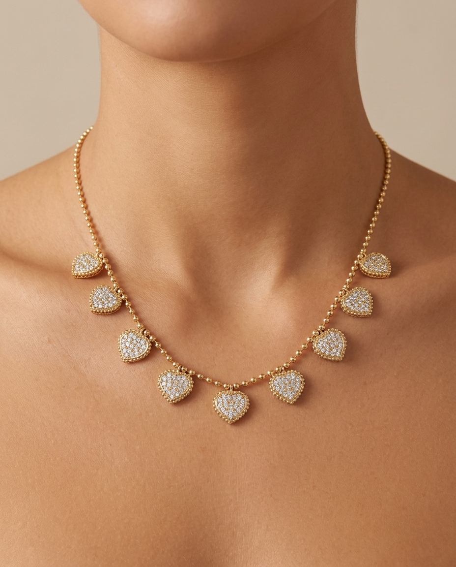 14KT Yellow Gold Diamond Heart Dangling Necklace on model