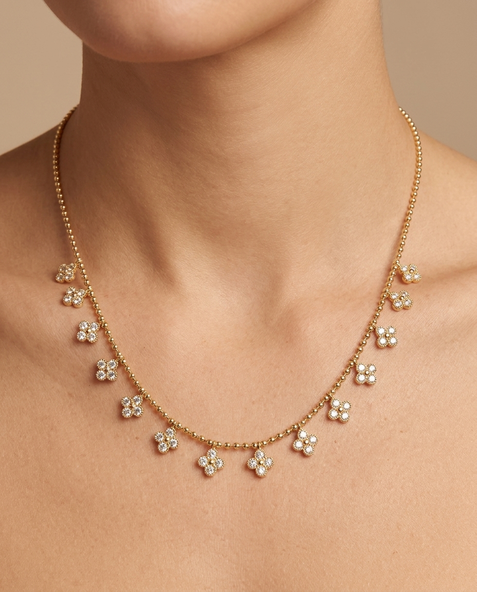 14KT Gold Diamond Clover Dangling Necklace on model