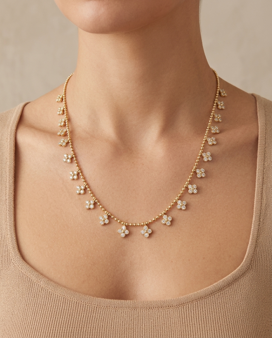 14KT Gold Diamond Clover Dangling Necklace on model