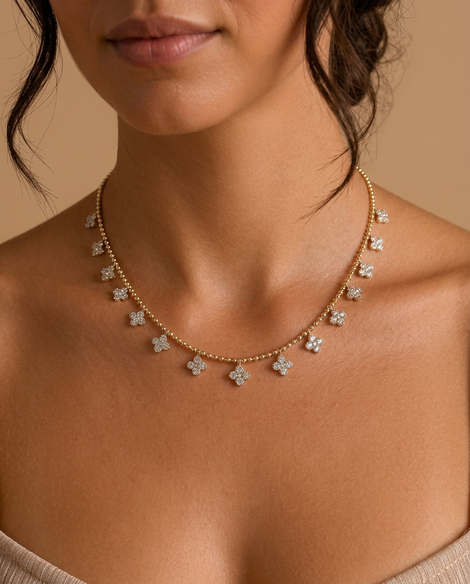 14KT Two Tone Gold Diamond Clover Dangling Necklace on model