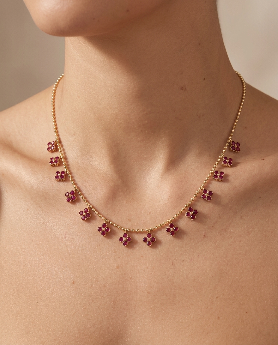 14KT Yellow Gold Ruby Clover Dangling Necklace on model
