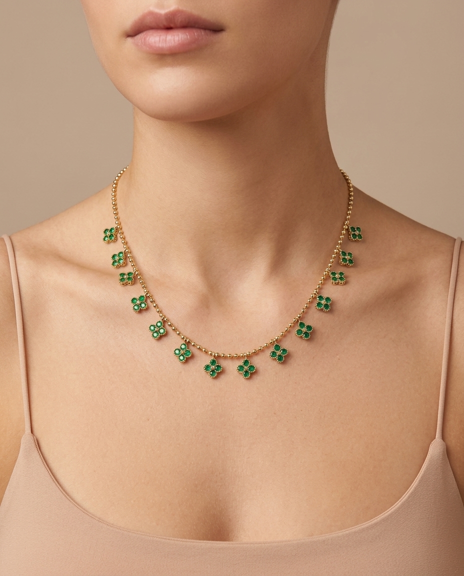 14KT Yellow Gold Emerald Clover Dangling Necklace on model