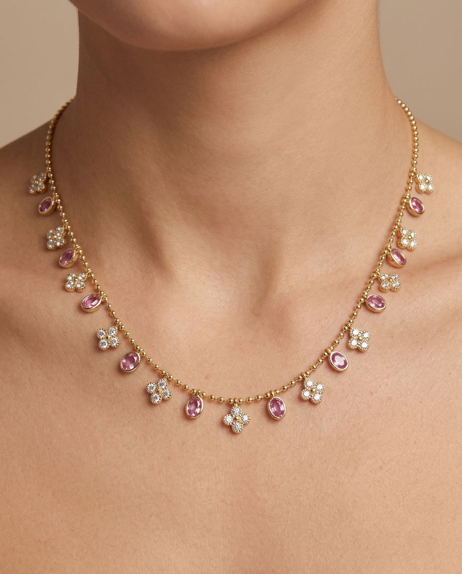 14KT Yellow Gold Pink Sapphire and Diamond Dangling Necklace on model