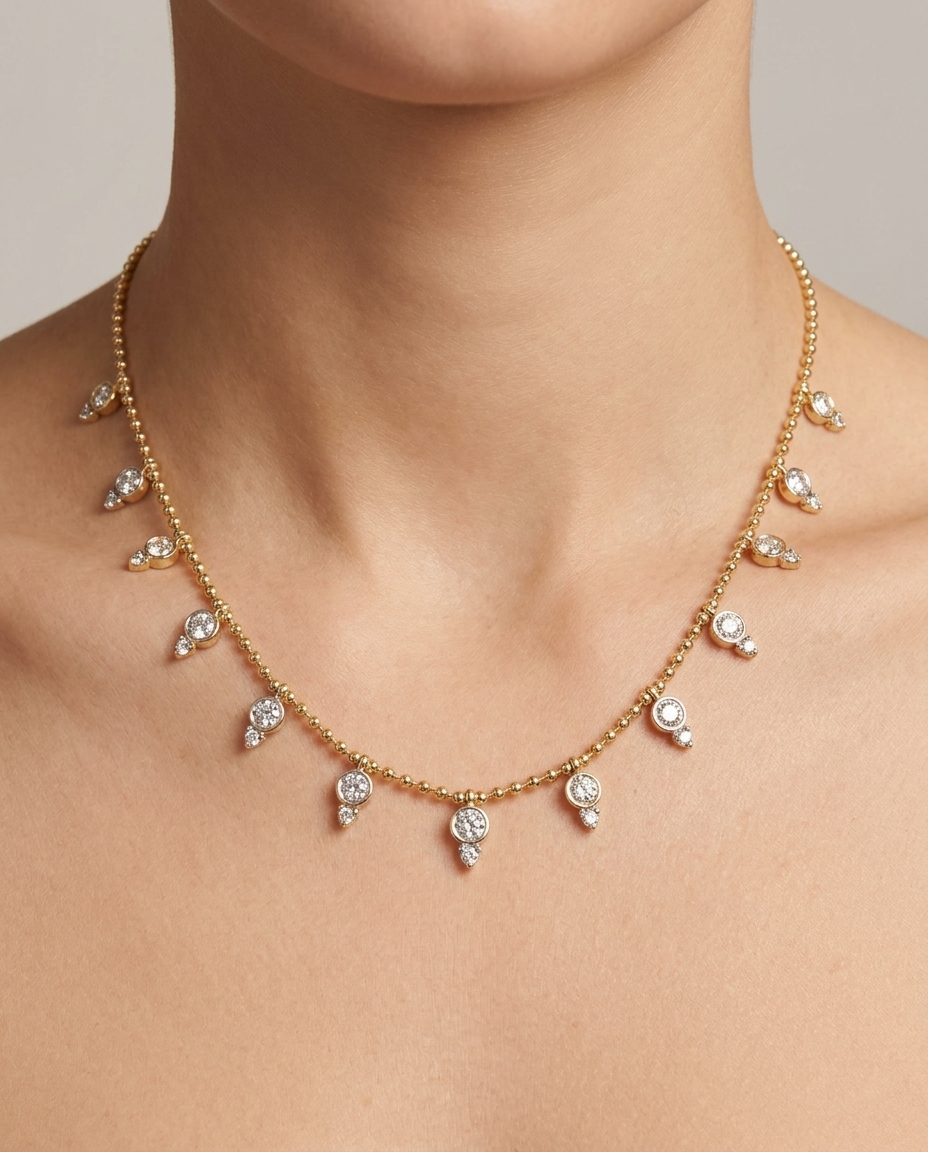14KT Yellow Gold Diamond Dangling Necklace on model