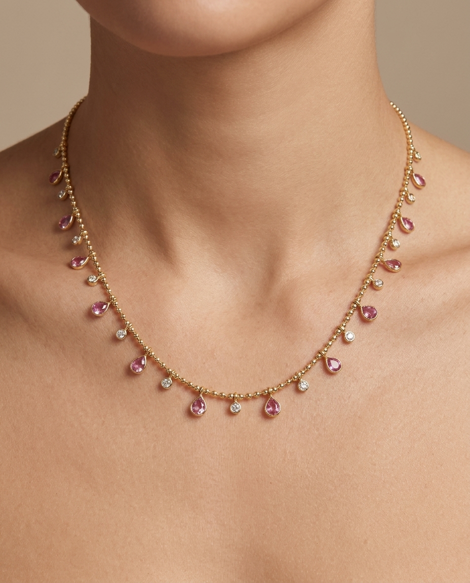 14KT Yellow Gold Pink Sapphire and Diamond Dangling Necklace on model