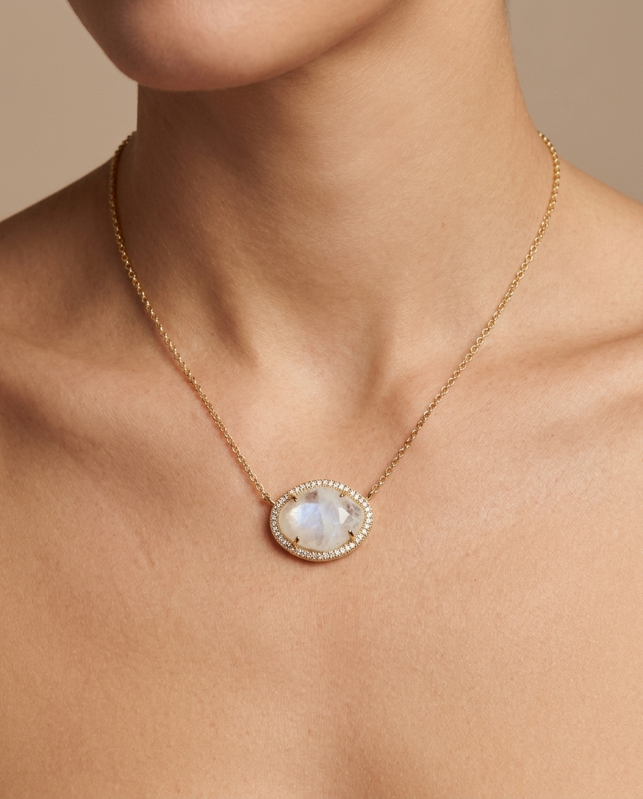 14KT Yellow Gold Diamond Rainbow Moonstone Necklace on model