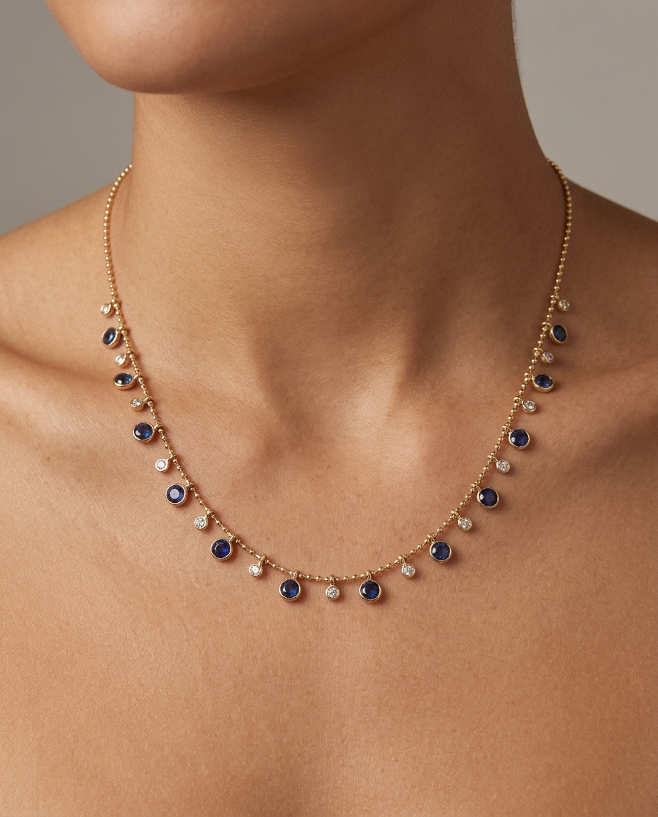 14KT Yellow Gold Round Shape Sapphire and Diamond Dangling Necklace on model