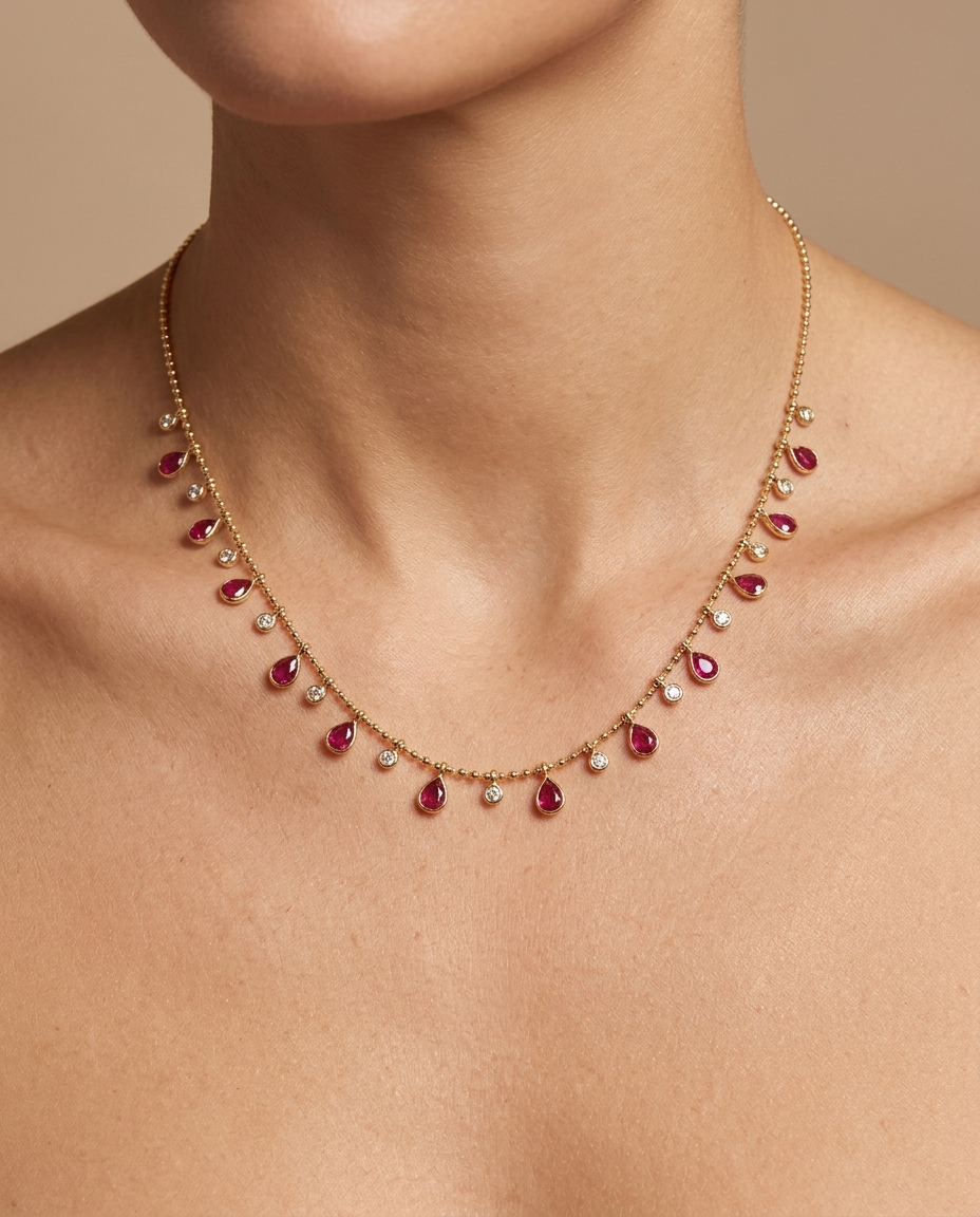 14KT Yellow Gold Pear Shape Ruby and Diamond Dangling Necklace on model