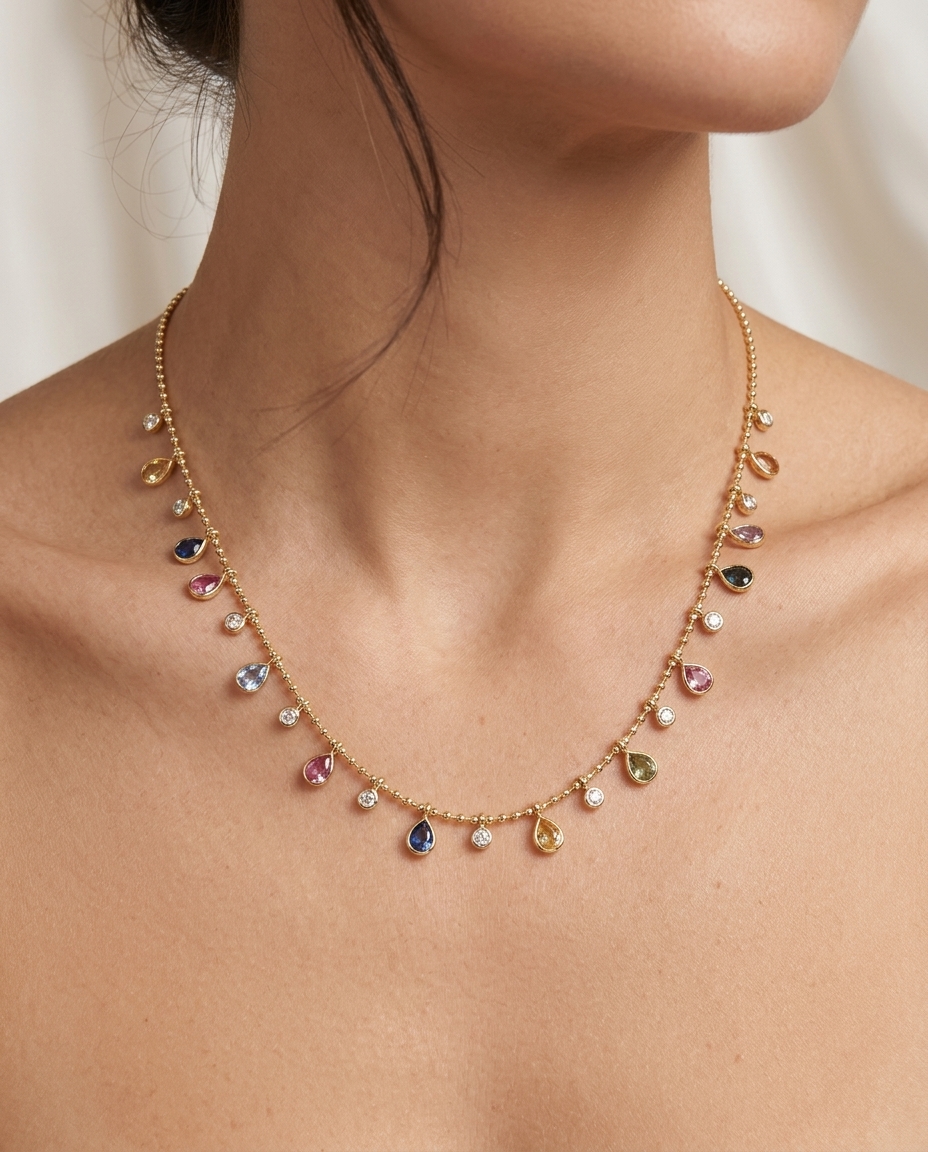 14KT Yellow Gold Multi Sapphire and Diamond Dangling Necklace on model