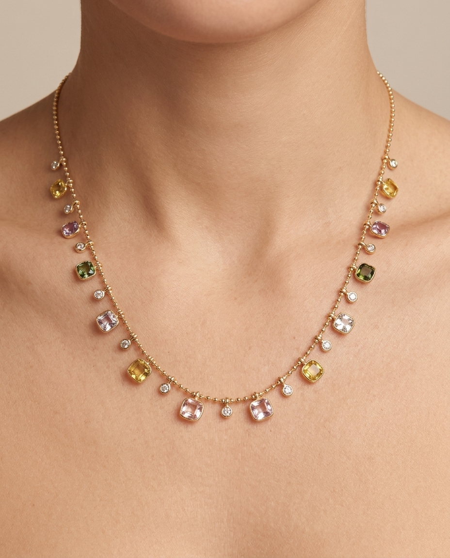14KT Yellow Gold Multi Sapphire and Diamond Dangling Necklace on model