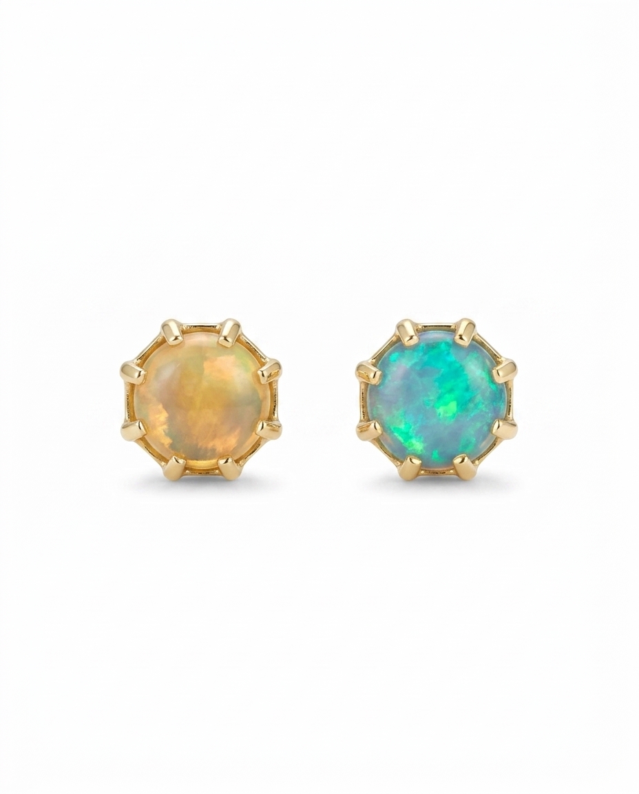 14KT Gold Circle Shape Opal Earring Studs on model