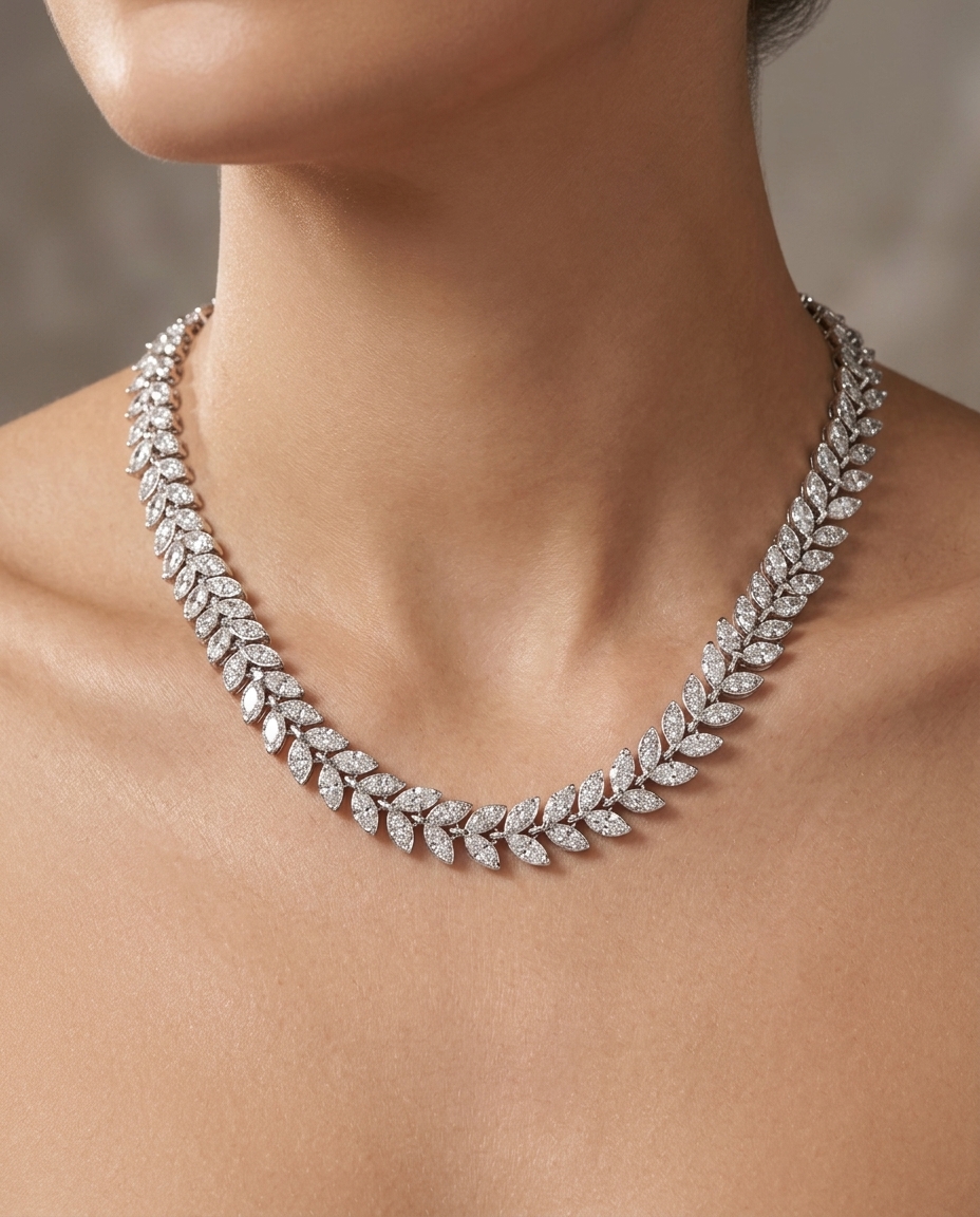 14KT White Gold Marquise Shape Diamonds Necklace on model
