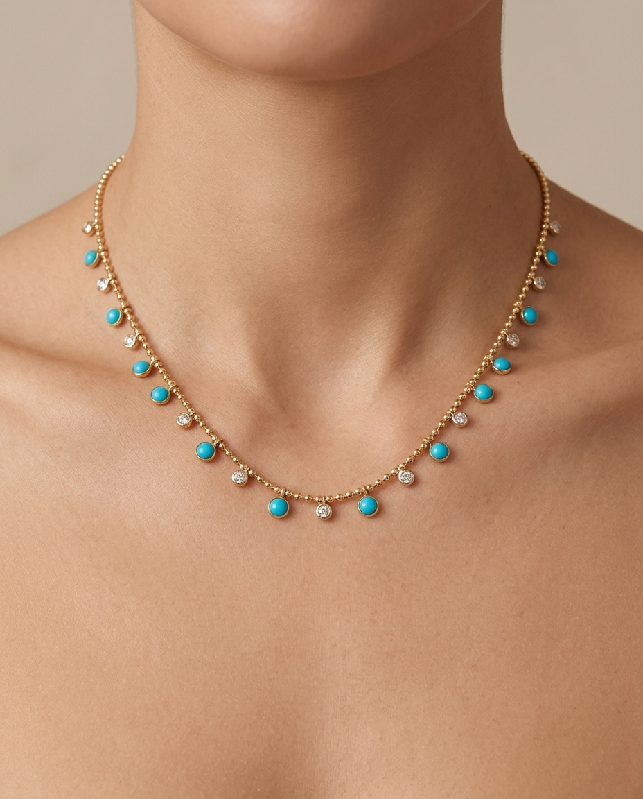 14KT Yellow Gold Round Shape Turquoise and Diamond Dangling Necklace on model