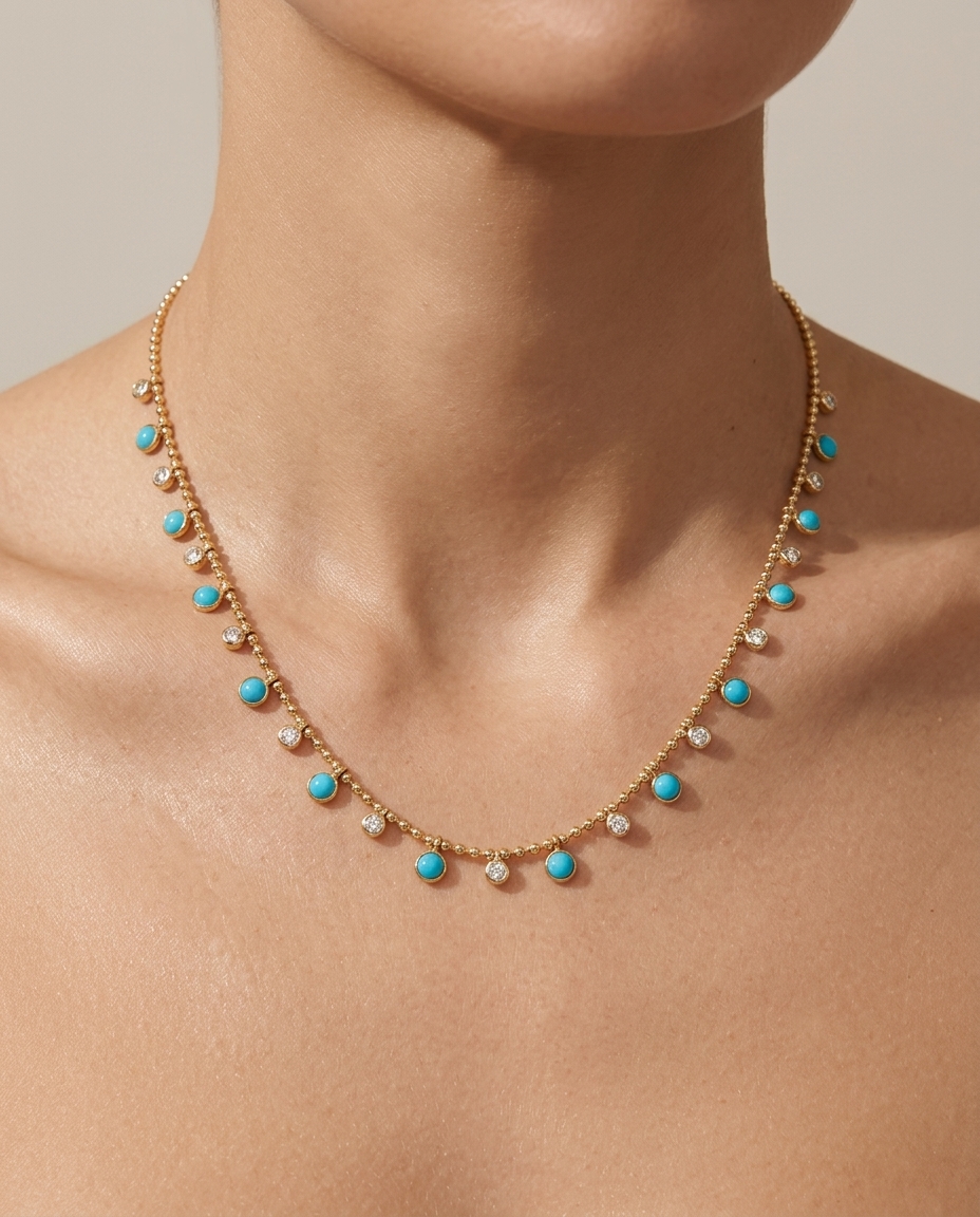 14KT Gold Round Shape Turquoise and Diamond Dangling Necklace on model