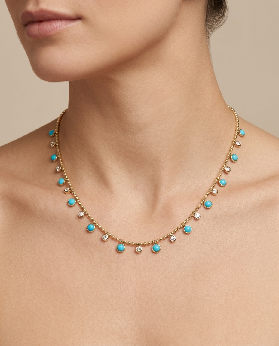14KT Gold Round Shape Turquoise and Diamond Dangling Necklace on model