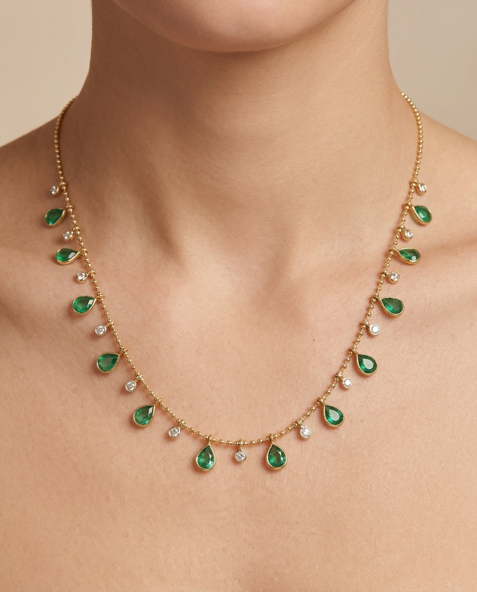 14KT Yellow Gold Pear Shape Emerald and Diamond Dangling Necklace on model