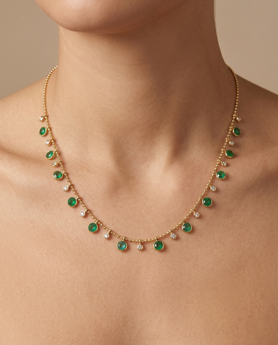 14KT Yellow Gold Round Shape Emerald and Diamond Dangling Necklace on model