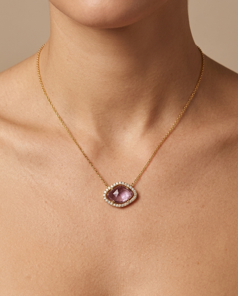 14KT Yellow Gold Rose Cut Sapphire and Diamonds Necklace on model