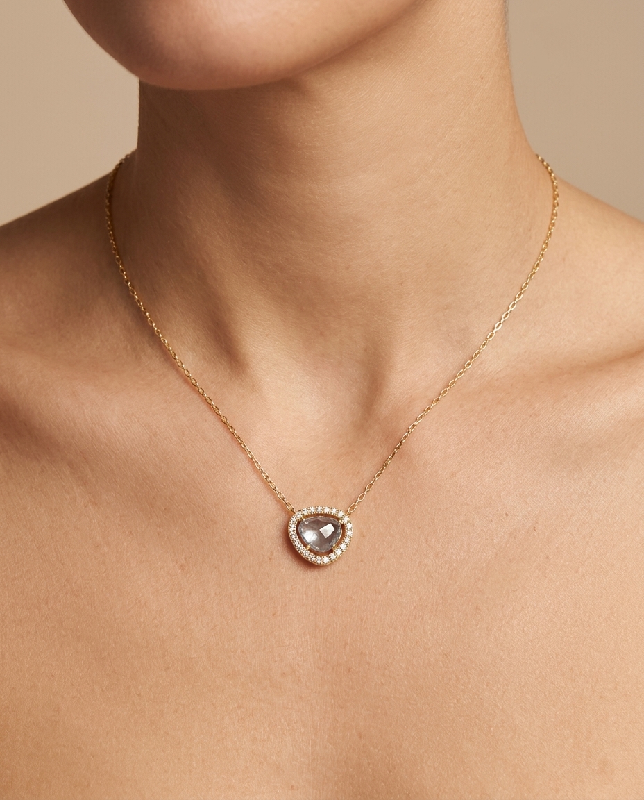 14KT Yellow Gold Rose Cut Sapphire and Diamonds Necklace on model