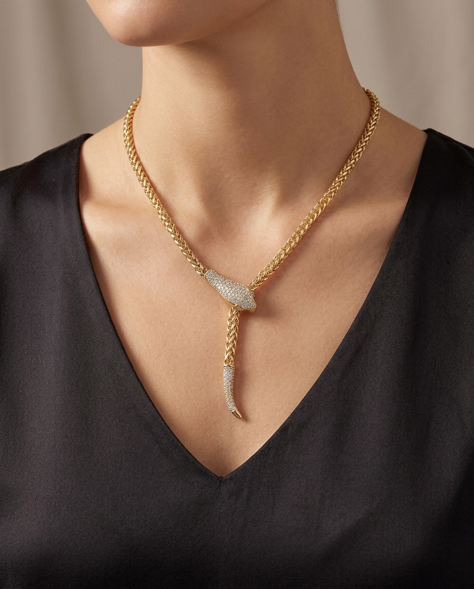 14KT Yellow Gold Diamond Snake Necklace on model