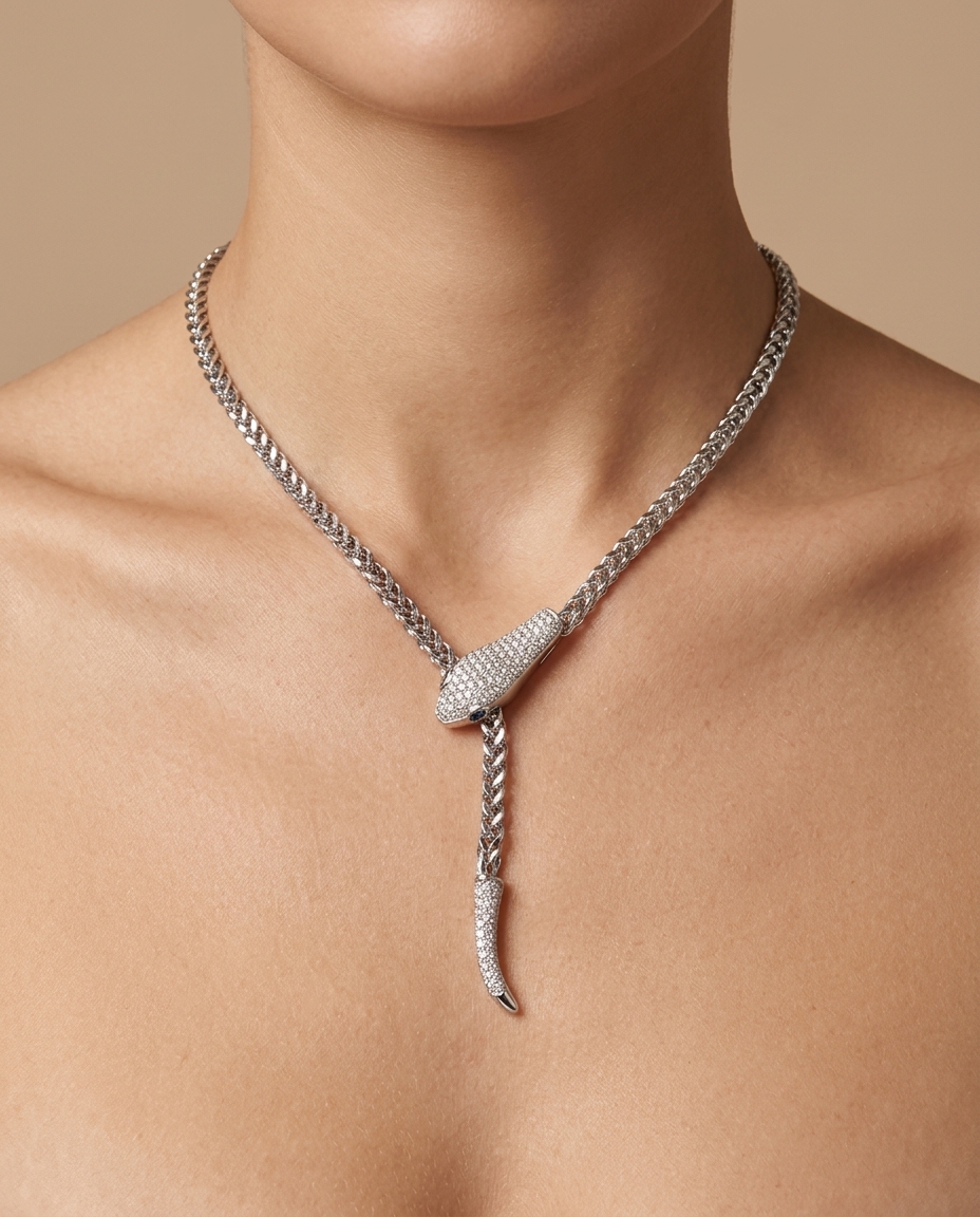 14KT White Gold Diamond Snake Necklace on model