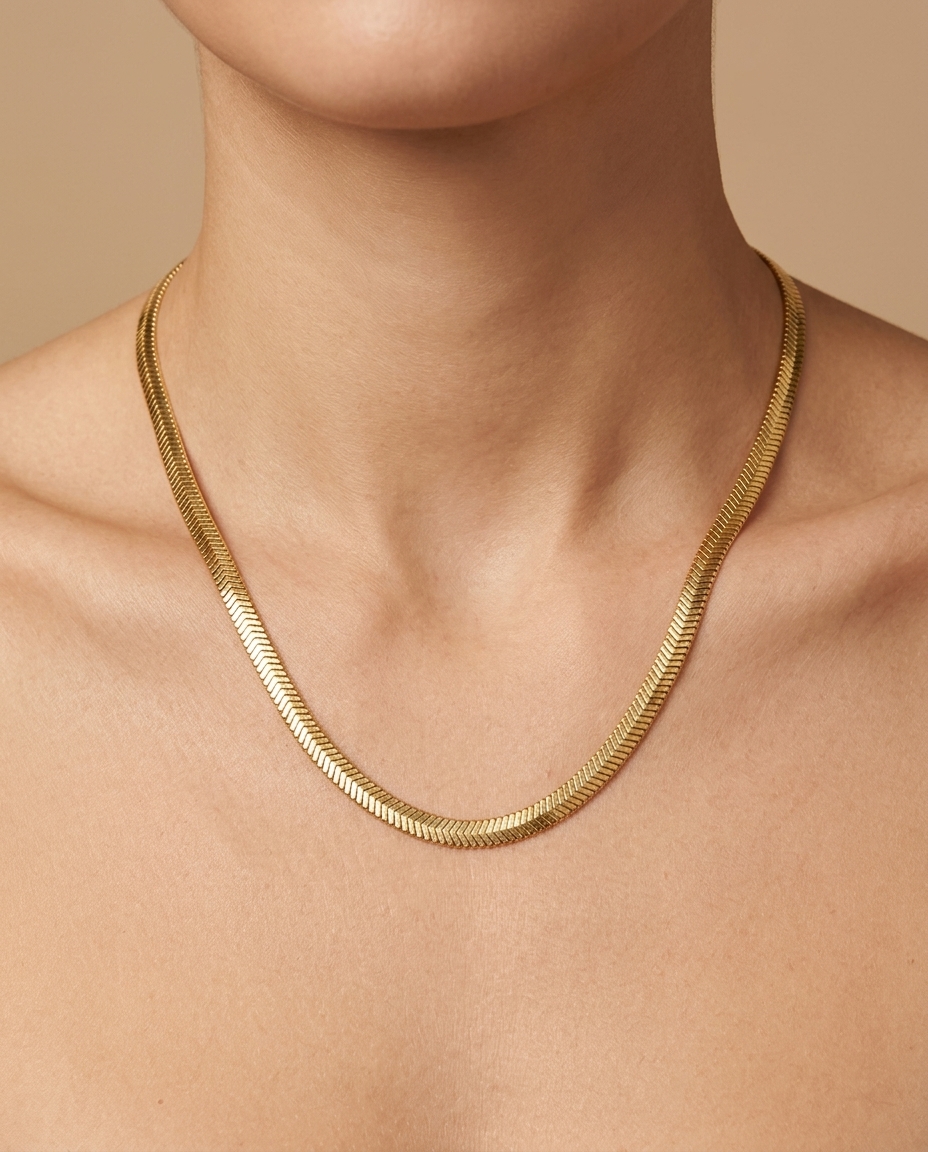 14KT Gold 4 MM Flate Snake Necklace on model