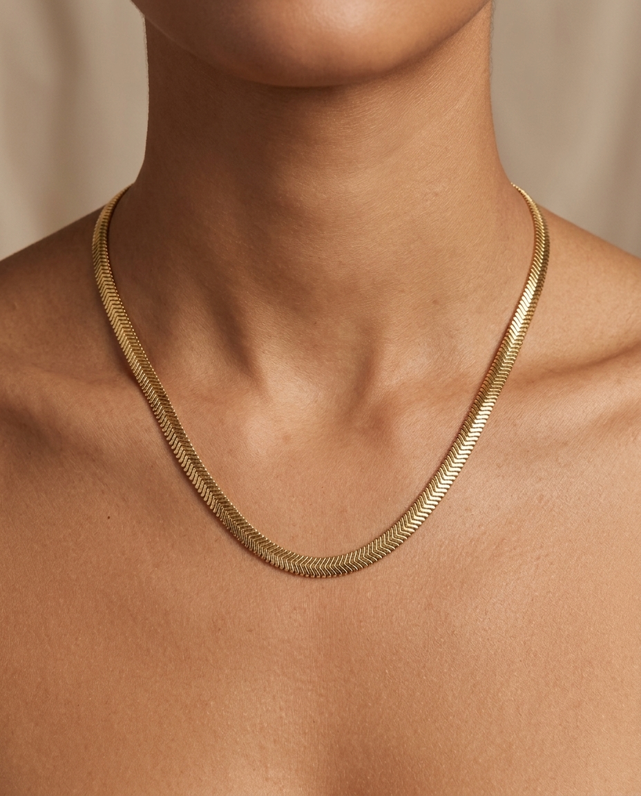 14KT Gold 5 MM Flate Snake Necklace on model