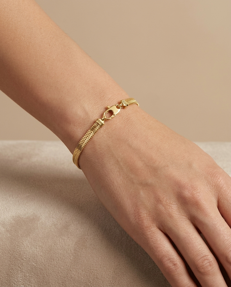 14KT Gold 5 MM Flate Snake Bracelet on model