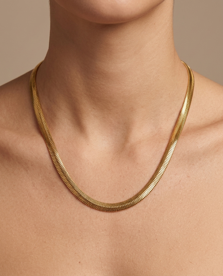 14KT Gold 6 MM Flate Snake Necklace on model